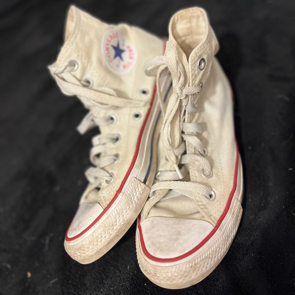 Converse Cream and White High-Tops with Red Trim